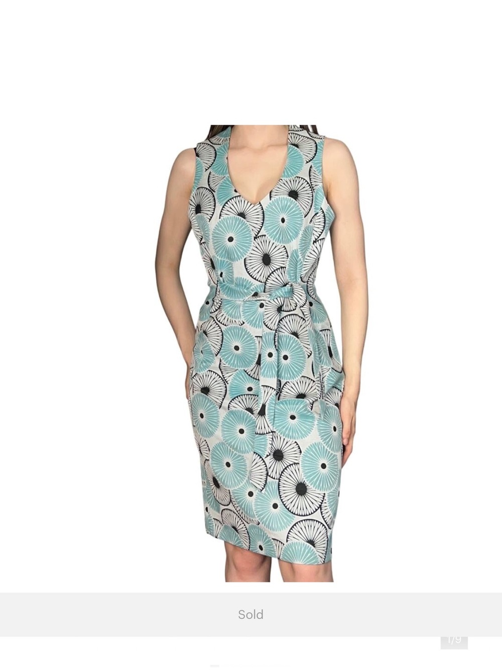 Etcetera Retro Print Sleeveless Sheath Dress Waist Tie Blue White Size 4